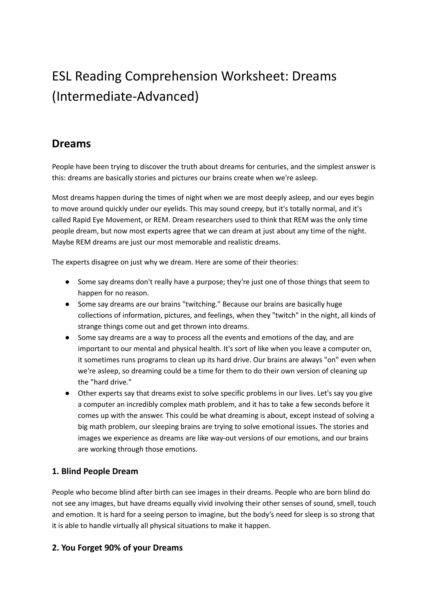 dreams-esl-worksheet-for-advanced-reading-comprehension – preview