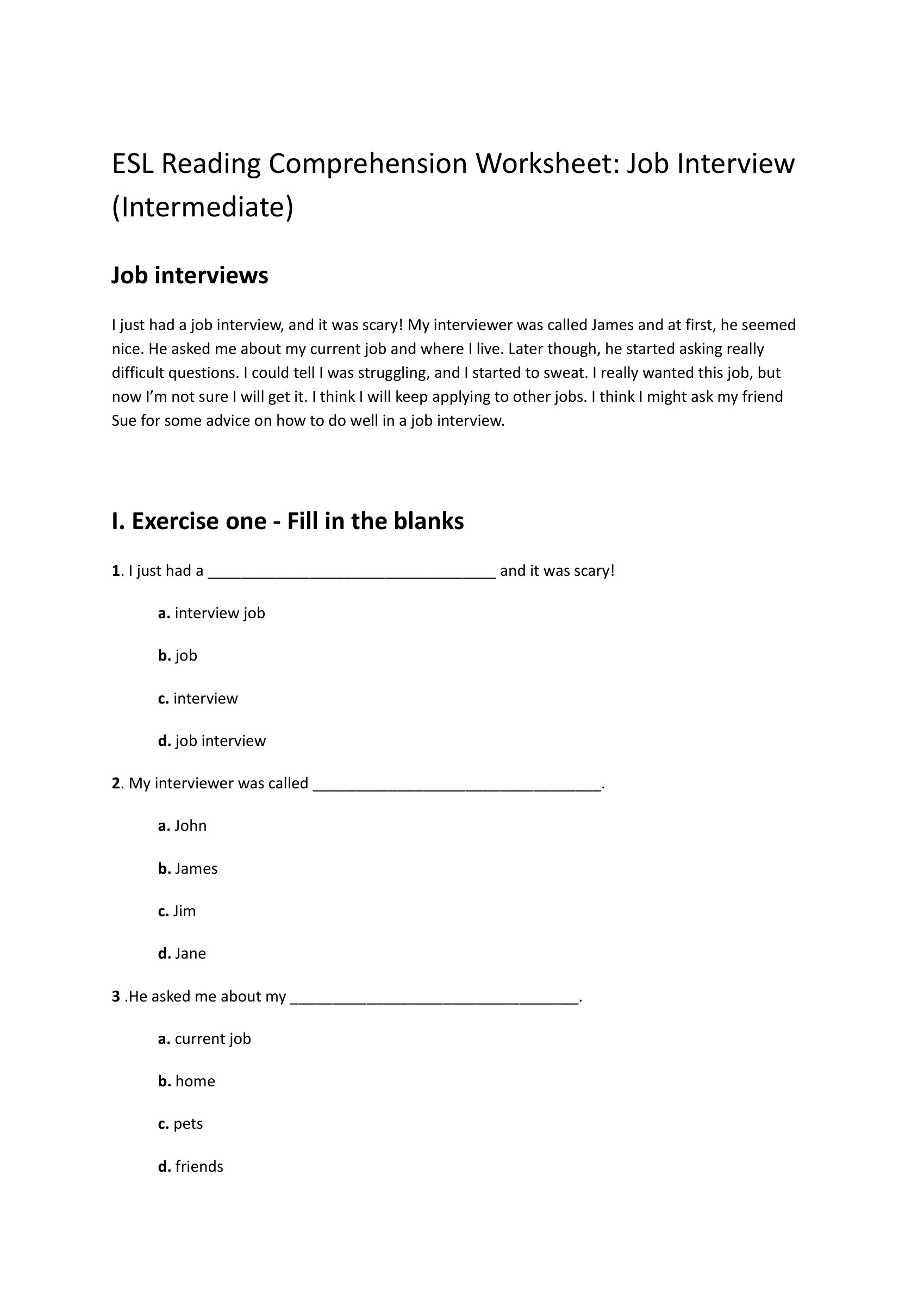 job-interview-esl-worksheet-for-intermediates-reading-comprehension – preview