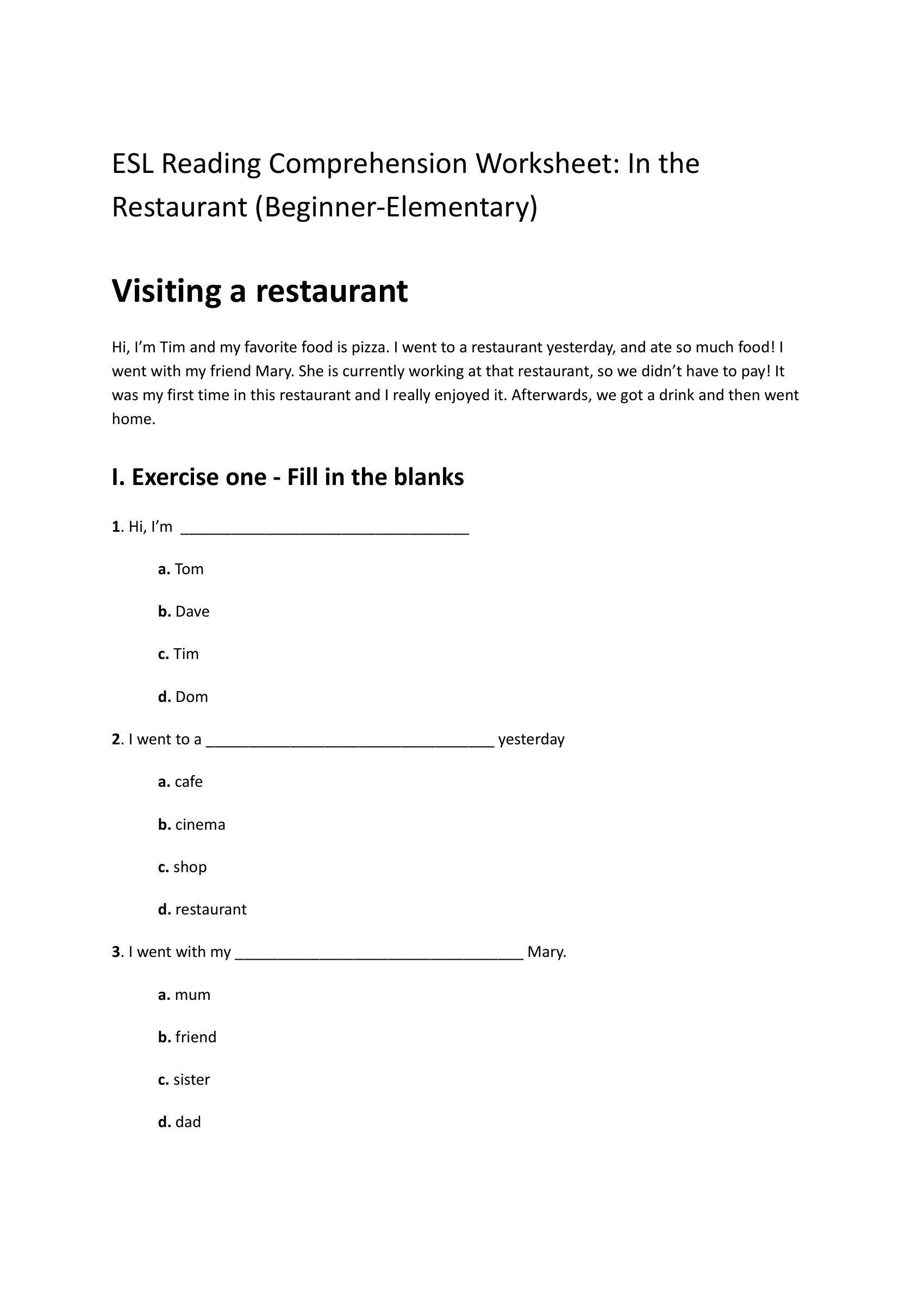 restaurant-esl-worksheet-reading-comprehension-for-beginners – preview