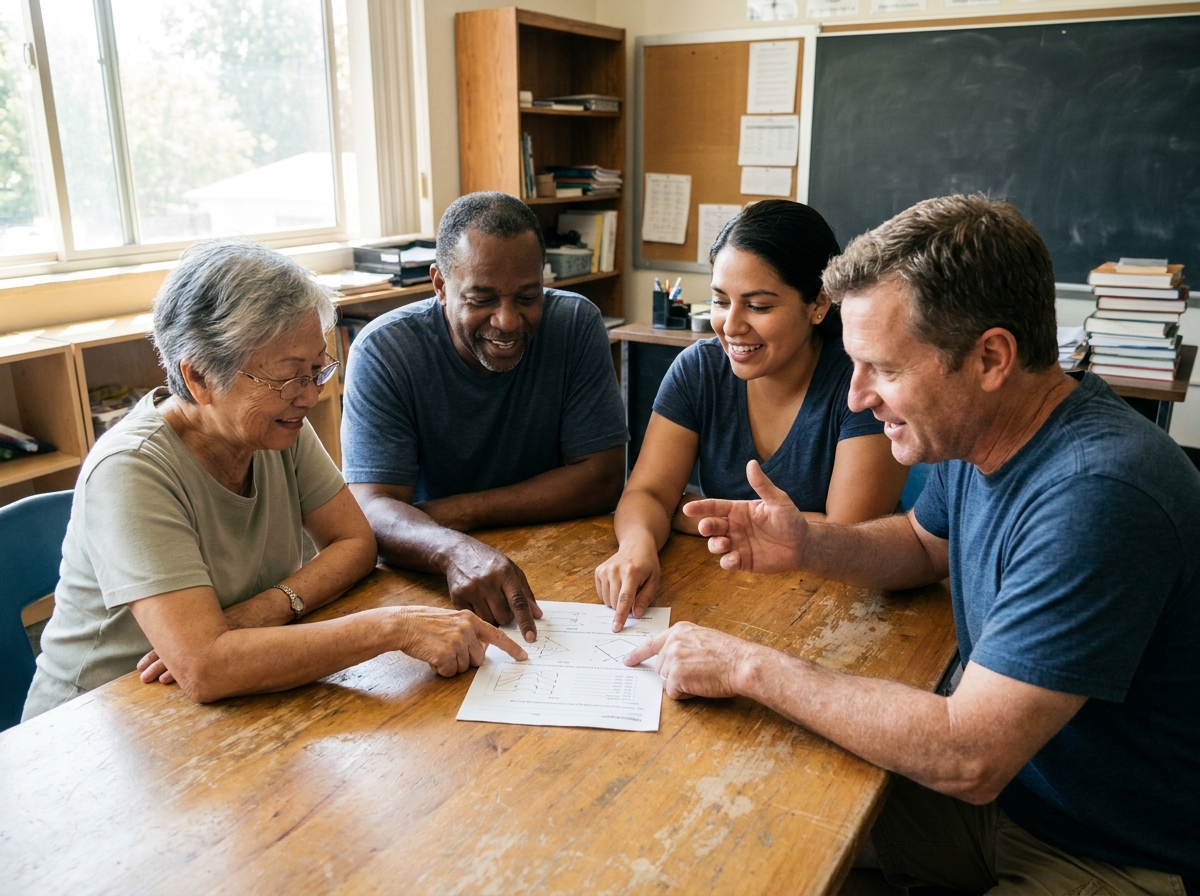 A small group of adult ESL students discussing a printed worksheet together