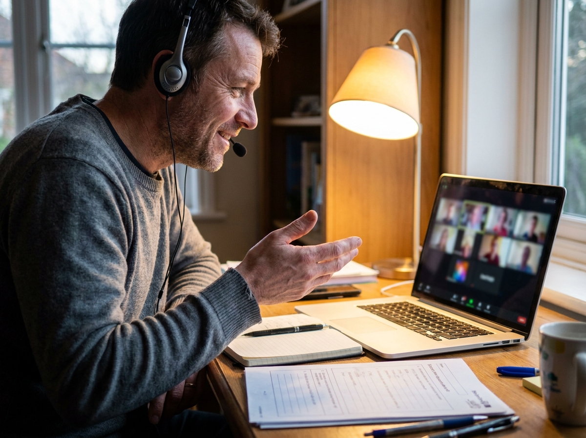 A teacher running an online ESL lesson from a laptop, with a printed worksheet beside it