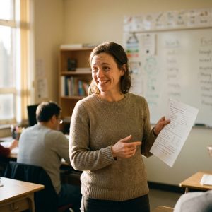 ESL teacher leading an in-person class with a printed worksheet