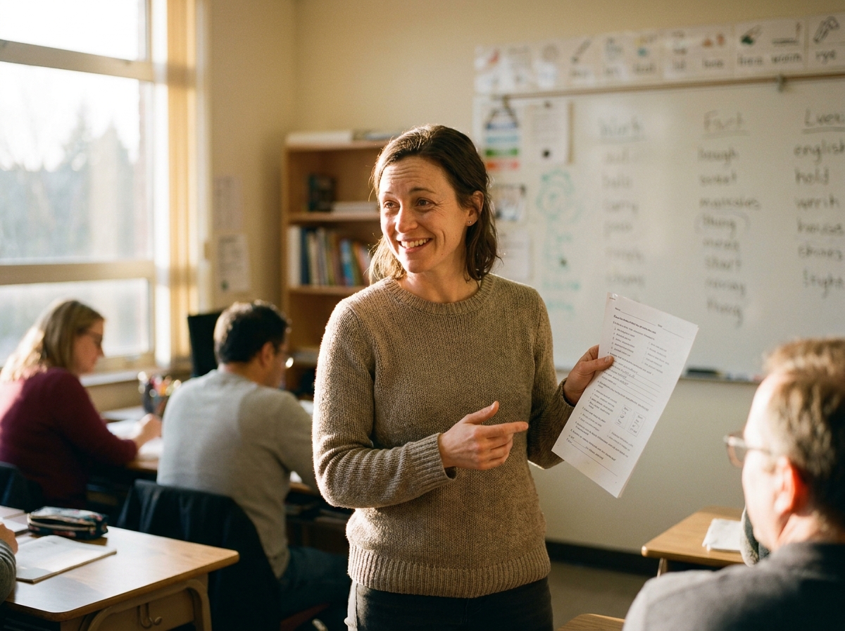 A teacher leading an in-person ESL class, holding a printed worksheet