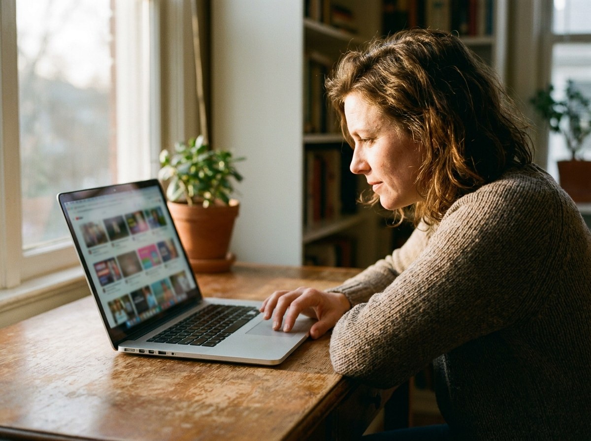 A teacher browsing ESL worksheets on a laptop